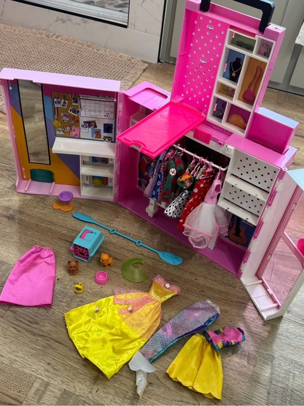 Barbie Pink Play Closet Carry Case with Yellow & Pink Dresses